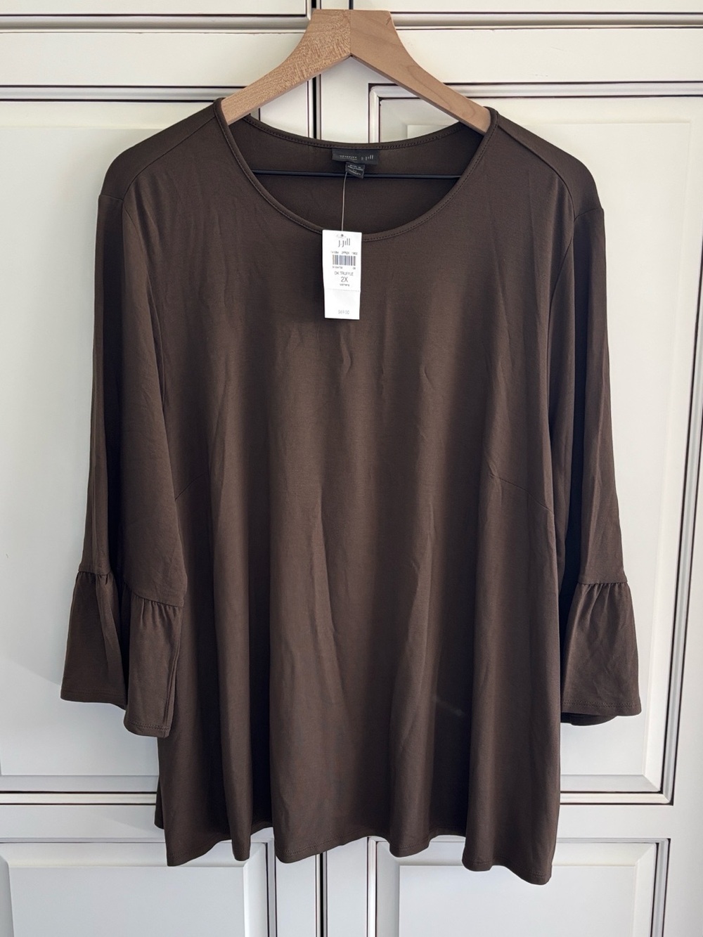 J Jill 3/4 Ruffle Sleeve Top Blouse Brown Dark Truffle $69 Mens Size 2X
